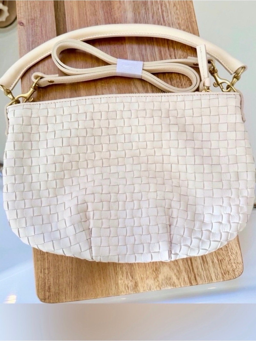 Clare V petit moyen in cream woven checker NWT $425